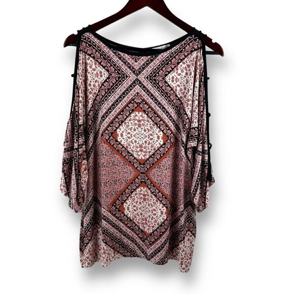 Rose + Olive Womens Size L Long Cutout Sleeve Tunic Orange Rust Bohemian Mandala - Picture 1 of 10